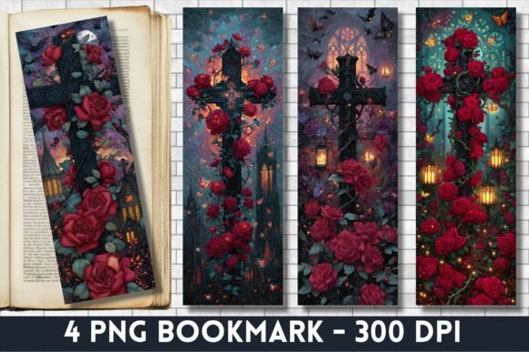 Red Rose Gothic Cemetery Cross Bookmark: A Design Asset for Content Creators